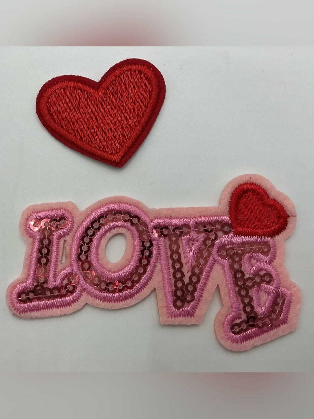 2 IRON OR SEW ON RED HEART AND PINK SEQUIN LOVE PATCHES NWOT